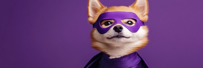 Fototapeta premium Cute corgi dog in purple superhero costume against purple background.