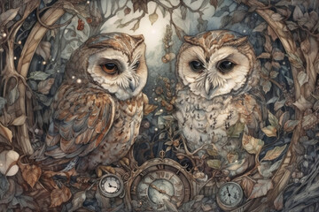 Image of two owls on a branch in the forest, watercolor,., watercolor style, Generative AI printed on Printed Glass Splashbacks
