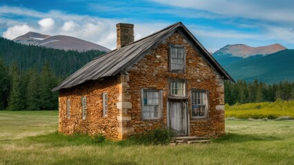 Obraz premium Historic stone cottage nestled in a lush green meadow surrounded by mountains with clear blue sky and scattered clouds, showcasing rustic charm.