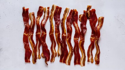 Sliced strips of cooked bacon arranged neatly on a clean white background showcasing their crispy texture and rich colors of red and gold.