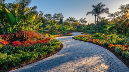 Urban planning gardening concept. A scenic pathway in a vibrant garden filled with diverse plants and colorful flowers.