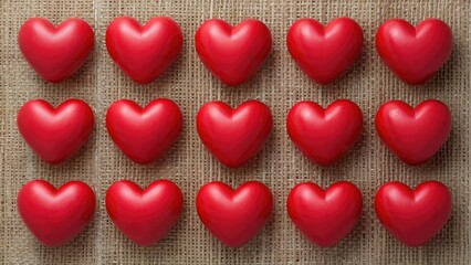 Obraz premium Red Heart Shapes Arranged in Four Rows on a Textured Burlap Background with Earthy Tones and Warm Lighting Enhancing the Romantic Feel