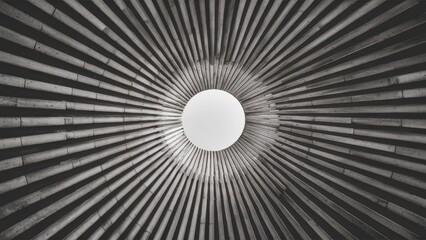 Cylindrical grey concrete structure with radial lines converging towards a white circular center viewed from below creating a dynamic perspective.