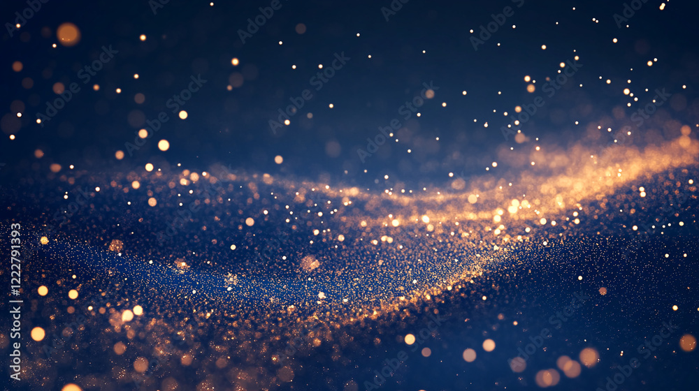 Poster Glowing golden particles with blue background in abstract design, bokeh effect