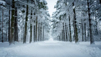 Fototapeta premium Serene winter landscape featuring a snow-covered road flanked by tall evergreen trees with snow-laden branches creating a tranquil, white ambiance