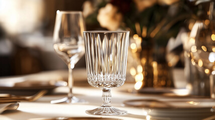 レストランテーブルの洗練された水入りグラスの配置