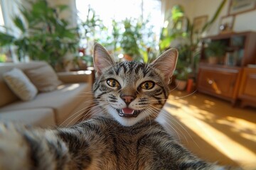 Playful cat takes a selfie while lounging in a sunlit living room surrounded by plants