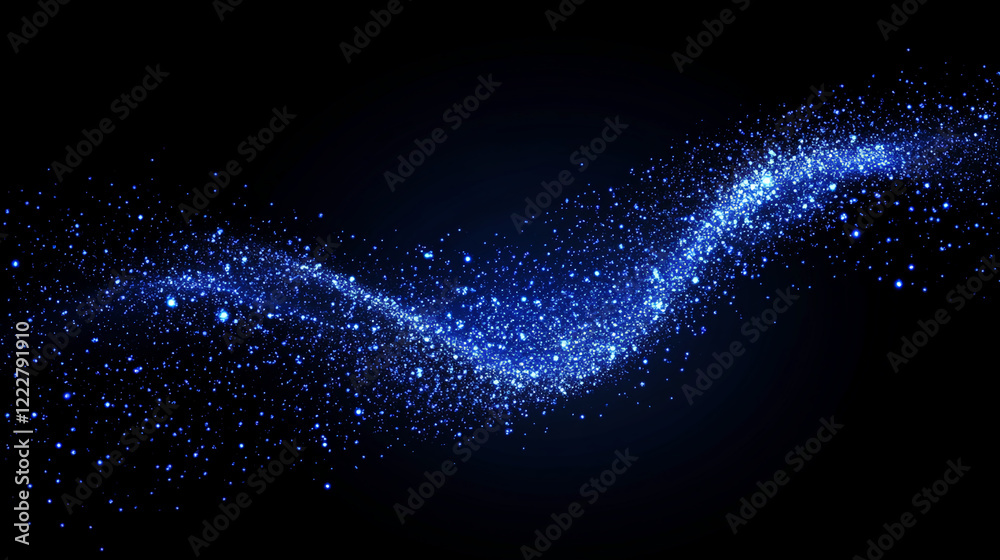 Poster blue glowing particles in abstract design on black background, sparkling dust effect