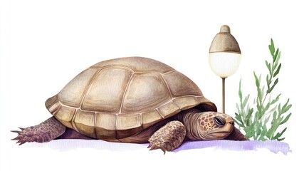 A serene tortoise resting beside a lamp and greenery, showcasing tranquility in a natural setting