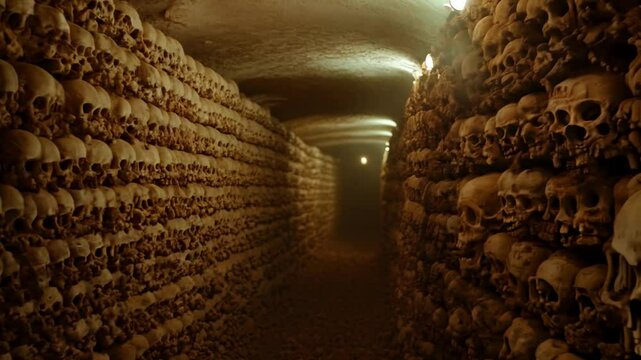 A dimly lit underground corridor lined with stacks of skulls on both sides, creating an unsettling and macabre atmosphere of history and mystery
