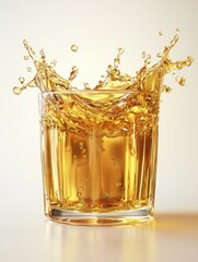 Golden drink splash in glass, studio shot, beverage, advertisement