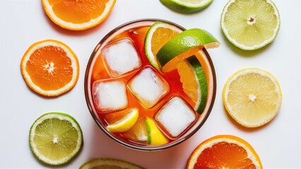 Refreshing cocktail with ice cubes surrounded by orange lime and lemon slices arranged on a white background showcasing vibrant citrus colors and textures