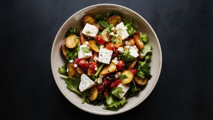 Colorful salad with feta cheese and roasted vegetables in a beige ceramic bowl on a dark tabletop viewed from above with space for text