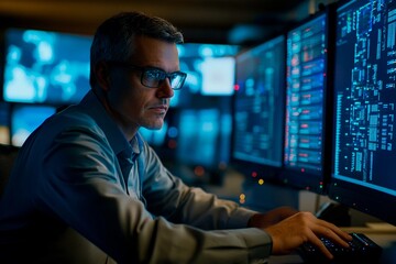 Intense focus displayed by a data analyst working late at a high-tech control center