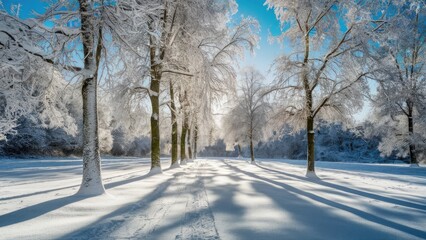 Obraz premium Winter landscape with snow-covered trees casting long shadows on a bright sunny day, with clear blue sky and frosty ground creating a serene atmosphere.