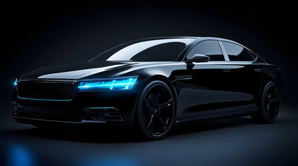 Naklejka premium Glossy Black Sedan Displayed in Dim Lighting With Sleek Design
