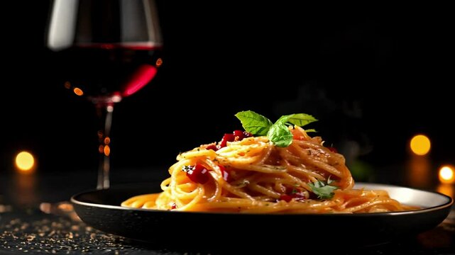 A plate of spaghetti topped with basil and sundried tomatoes beside a glass of red wine, set against a dark background with soft candlelight