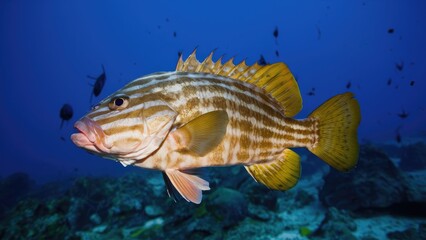 Vibrant Nassau grouper in clear blue water showcasing its striped pattern and orange-yellow fins, surrounded by diverse marine life elements.