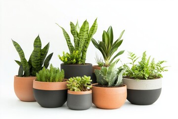 Fototapeta premium A Collection of Vibrant Potted Plants in Stylish Terracotta and Gray Pots. A Stunning Display of Nature's Beauty in a Modern Setting