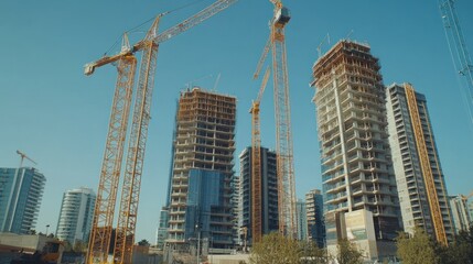 Fototapeta premium Construction site with tall buildings and cranes under a clear sky