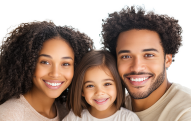 Happy family portrait showcasing togetherness, diversity, and joy. Smiling parents and child create lasting memories and strong bonds.