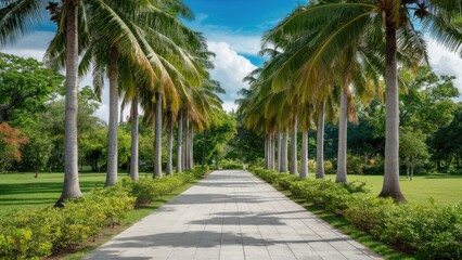 Fototapeta premium Lush palm trees line a scenic walkway in a vibrant park with greenery under a blue sky and scattered clouds, creating a tranquil atmosphere.
