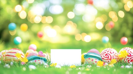 Colorful Easter eggs, blank card, spring flowers and green grass background.