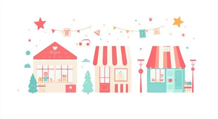 Festive shops and street decorations, Christmas market illustration.