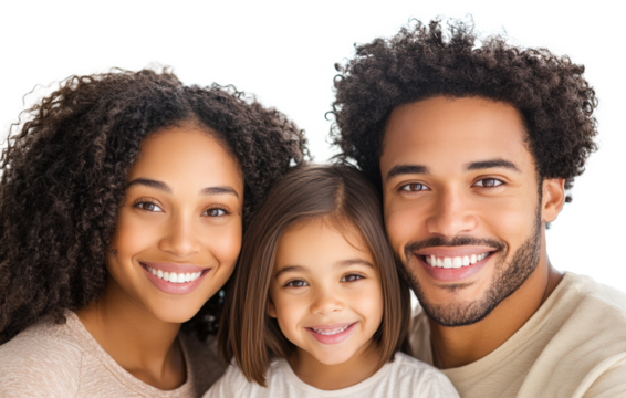 Happy family portrait showcasing togetherness, diversity, and joy. Smiling parents and child create lasting memories and strong bonds.