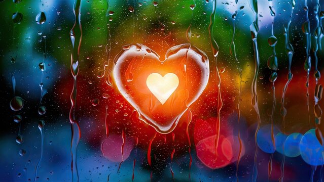 Vibrant heart symbol glowing through rain-soaked glass with colorful bokeh background featuring greens, reds, and blues, droplets enhancing mood.