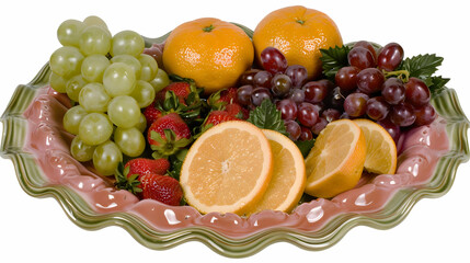 A colorful fruit platter featuring grapes, oranges, strawberries, and more.