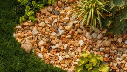 Natural stone mulch in warm earthy tones provides a textured landscape foreground with lush green plants in the background enhancing garden aesthetics.