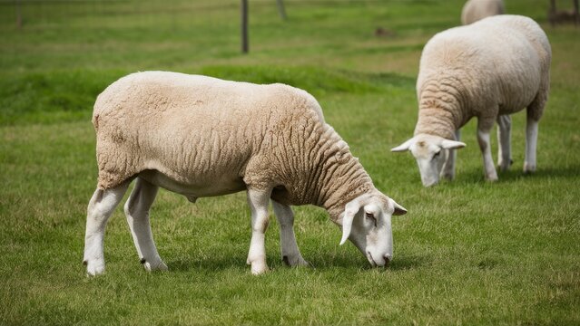 Sheep with fluffy wool grazing on vibrant green grass in a serene field under soft natural light with blurred background elements.