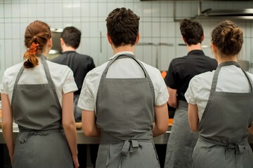 Talented culinary students work together in a bustling kitchen during a lively cooking class