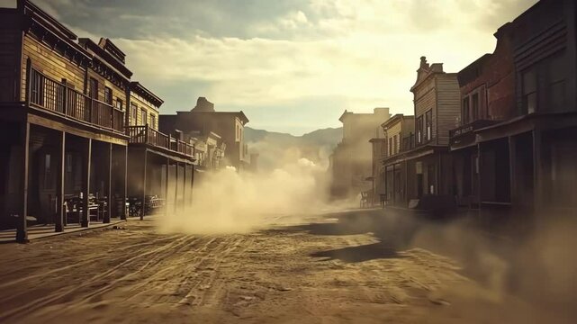 A deserted western town bathed in sunset light, evoking nostalgia.