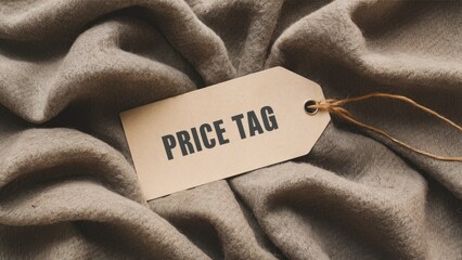 Recycled paper price tag with bold text positioned centrally on soft beige wool fabric background showcasing texture and warmth in a flat design