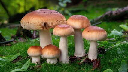 Mushrooms with soft orange caps and white stems cluster on vibrant green grass surrounded by lush foliage in a serene forest setting.
