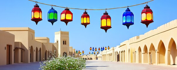 Obraz premium Colorful lanterns illuminate Middle Eastern market street. Tourism, travel