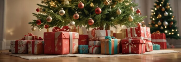 Group of Christmas presents under a decorated tree, wrapped, christmas, gifts under the tree