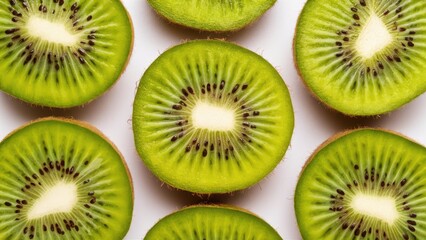 Macro shot of vibrant green kiwi fruit slices arranged in a flat lay pattern against a bright white background with fresh tropical elements.