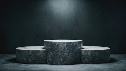 Fototapeta premium Stone podium featuring three circular levels in gray shades, positioned centrally against a dark textured backdrop with soft overhead lighting.