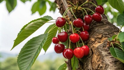 Obraz premium Group of freshly opened cherries on the cherry tree trunk, plump, red, cluster, tree bark, falling off branch