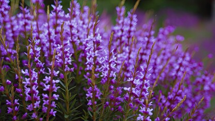 Naklejka premium Delicate clusters of vibrant purple flowers from false heather blooming in a lush outdoor garden, showcasing greenery and soft focus background.