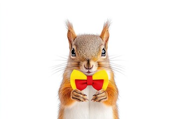 Adorable squirrel wearing a bright bow tie, posing playfully against a clean white background