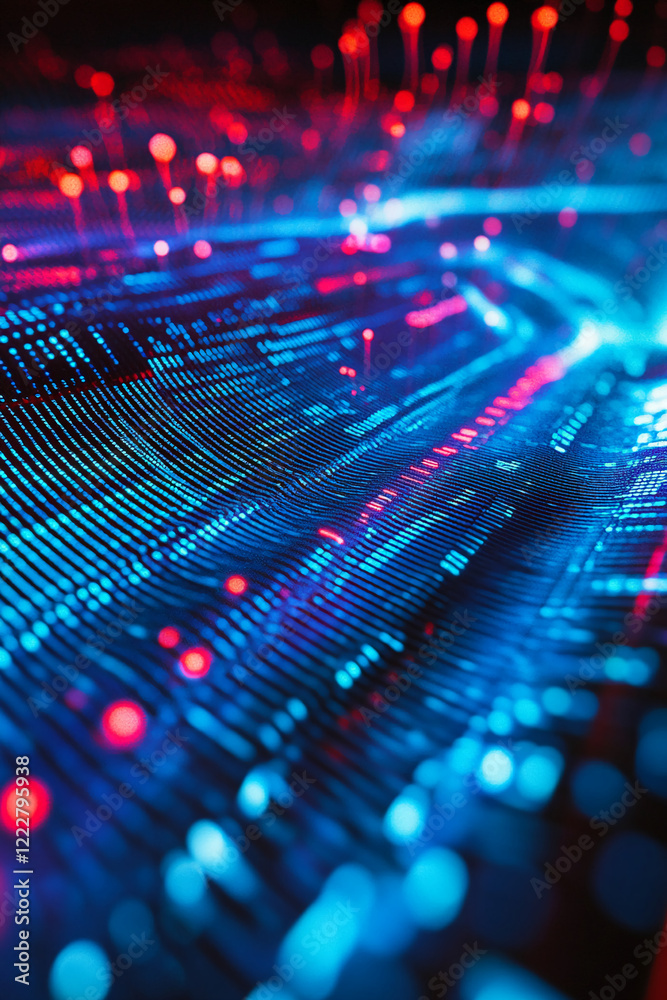 Aufkleber abstract blue and red glowing lines with digital particles on a dark background. business background