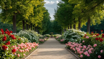 Vibrant summer park path lined with blooming red roses, white jasmine, pink carnations, and peonies under lush green trees, bright and inviting.
