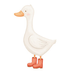 Cute goose in boots, funny character, baby animal, watercolor illustration, hand drawn illustration for kids © Elena