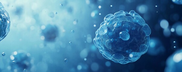 Microscopic perspective of viruses in blue, sleek banner background with clear space for informational text