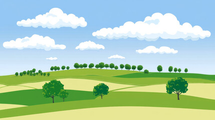 Rolling green hills under blue sky with fluffy clouds