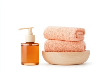 A serene spa setting featuring a bottle of oil, soft towels stacked neatly, and a wooden bowl, promoting relaxation